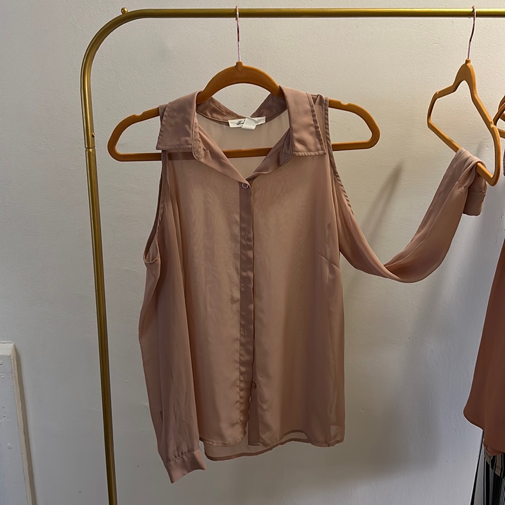 Tan Sheer Button Down Blouse w Long Sleeves & Symmetrical Cut-Outs at Shoulders.